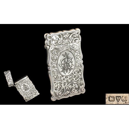 276 - Edwardian Period Superb Sterling Silver Card Case of Shaped Form, with Chased Decoration to Front an... 