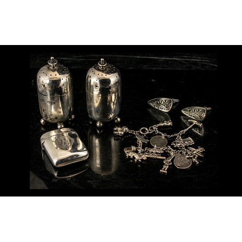 291 - Small Collection of Silver - Silver Vesta Case, Pair of Silver Cuff Links, Pair of Pepperettes and a... 