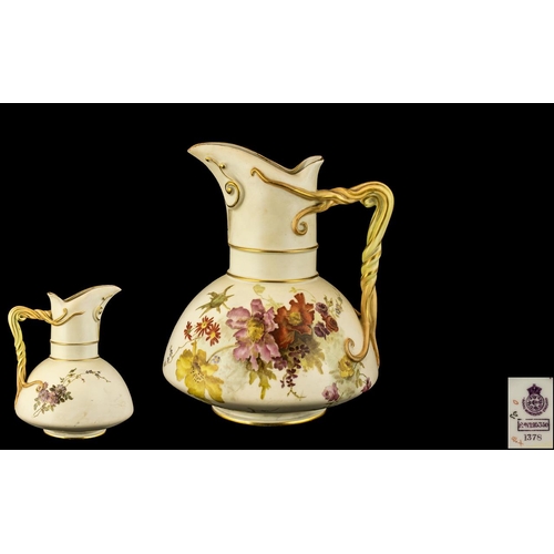 417 - Royal Worcester Hand Decorated Blush Ivory Stylised Jug - Ewer. Decorated with Painted Floral Images... 