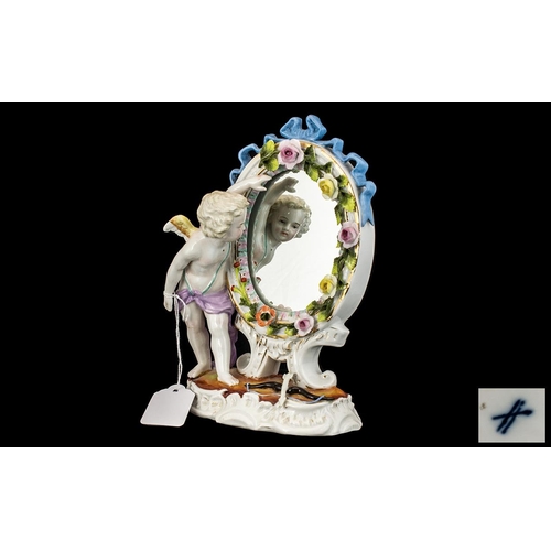 508 - German Decorated Porcelain Mirror, with Cupid with bow and arrow and the mirror adorned with porcela... 