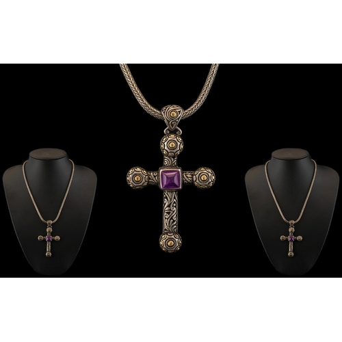 91 - Large Silver and Gold Cross Set With an Amethyst Stone to the Centre. Stamped 925 & 18K, On a Silver... 