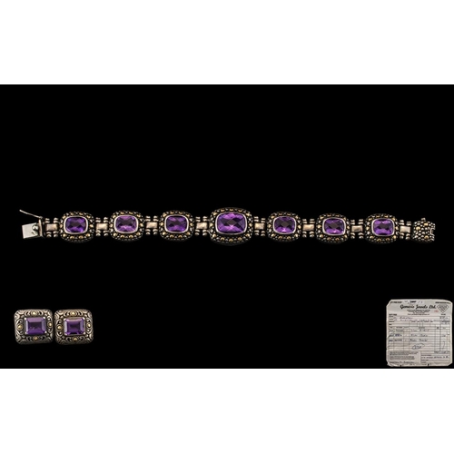 92 - Amethyst Silver and Gold Bracelet with Seven Faceted Matching Stones Set In Heavy Quality Stamped 92... 