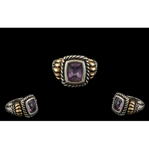 93 - Large Amethyst Ring Set In Silver and Gold Stamped 925 & 18K. Purchased In Jamaica In 2006, Ring Siz... 