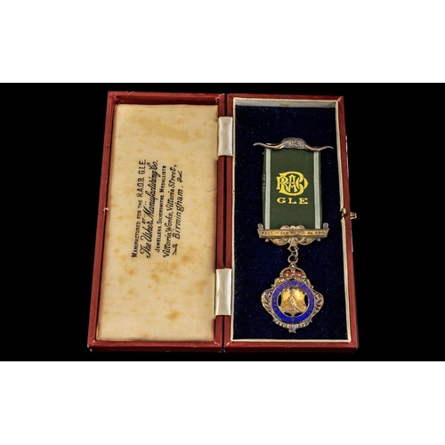 1355D - Silver & Enamel Lodge of England boxed Hand in Hand Lodge No. 690 Medal Buffalos.