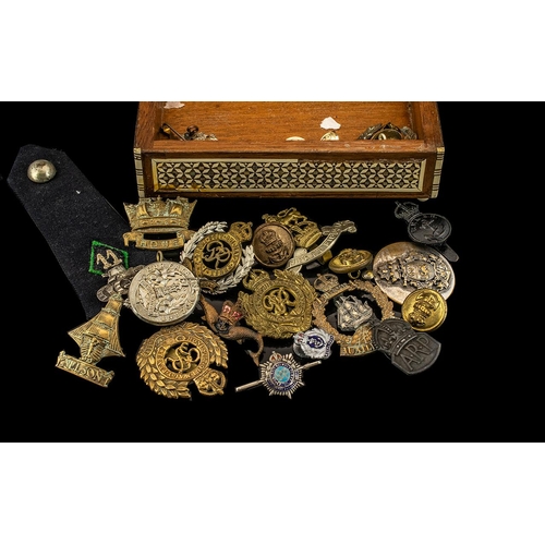 1356 - Military Interest, Box Containing A Collection Of Cap Badges And Buttons To Include Silver Enamelled... 