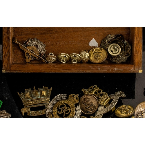 1356 - Military Interest, Box Containing A Collection Of Cap Badges And Buttons To Include Silver Enamelled... 