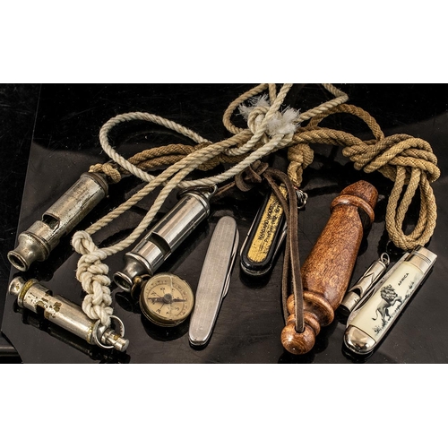 1356A - Miscellaneous Lot of Whistles etc. comprising ARP (Hudson & Co) 'The Acme', two Scout whistles, wood... 