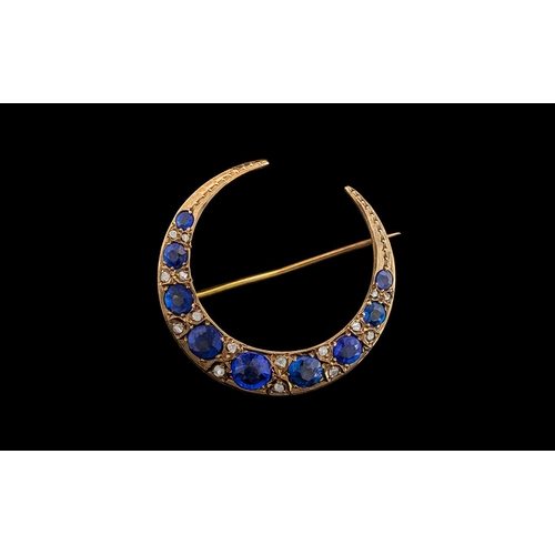 31 - Antique Period Superb 15ct Gold - Sapphire and Diamond Set Crescent Moon Shaped Brooch. c.1840 - 185... 