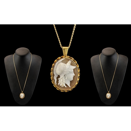 51 - Ladies 9ct Gold Mounted Oval Shaped Shell Cameo Attached to a Long 9ct Gold Chain, Marked for 9ct Go... 