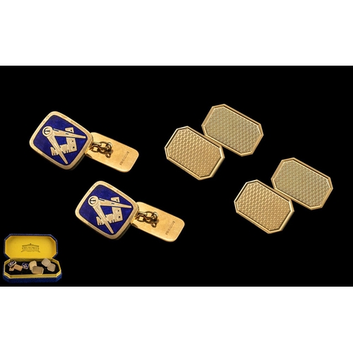 56 - Gents 9ct Gold Pair of Boxed Masonic Cufflinks with Enamel and Gold Tops, Each Depicting a Masonic S... 