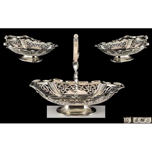 113 - Edwardian Period Ornate Sterling Silver Swing Handle Fruits Basket / Bowl of Large Proportions with ... 