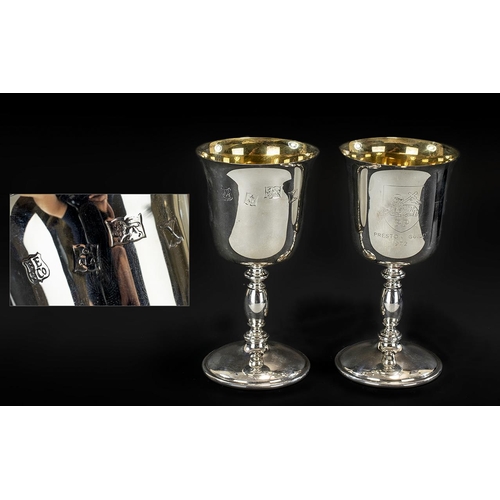 113A - Preston Guild 1972 Pair of Sterling Silver Goblets with Gilt Interiors, Complete with Presentation B... 