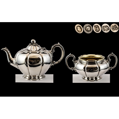 114 - Barnard Brothers - Superb Quality Matched Silver Teapot and Large Twin Handle Sugar Bowl, Melon Shap... 