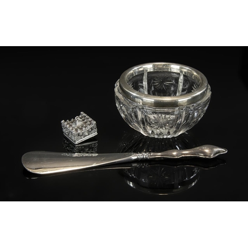 126 - Silver Rimmed Cut Glass Trinket Bowl, 3 inches (7.5cms) in diameter, Birmingham 1930,  together with... 
