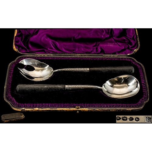127 - Victorian Period Pair of Sterling Silver Salad Servers with Black Ebony Handles. Hallmark London 188... 