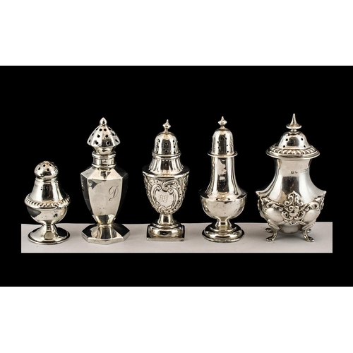 131 - A Small Collection of Antique Period Sterling Silver Pepperettes All of Small Proportions and Assort... 