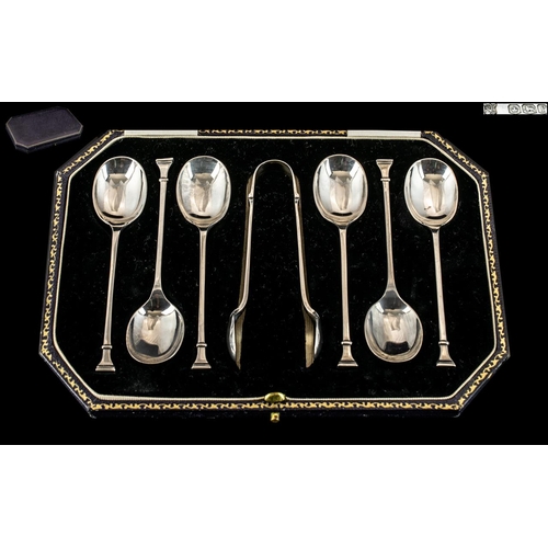 132 - Excellent 1920's Sterling Silver Boxed Set of Six Coffee Spoons and Matching Sugar Nips. Hallmark Sh... 