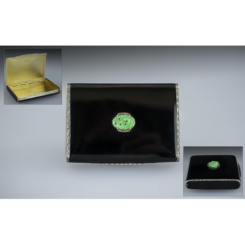 144 - Wonderful 1930's Superior Quality Sterling Silver Black Enamel Lidded Hinged Box, with a carved gree... 