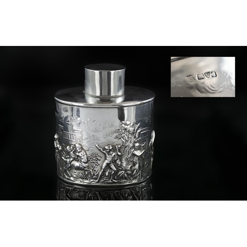 148 - Edwardian Period Excellent Quality Sterling Silver Tea Caddy, decorated with embossed figures and cl... 