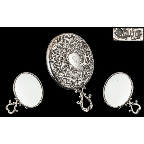 150 - Edwardian Stunning Quality and Superior Ladies Embossed Sterling Silver Round Hand Mirror with Wonde... 