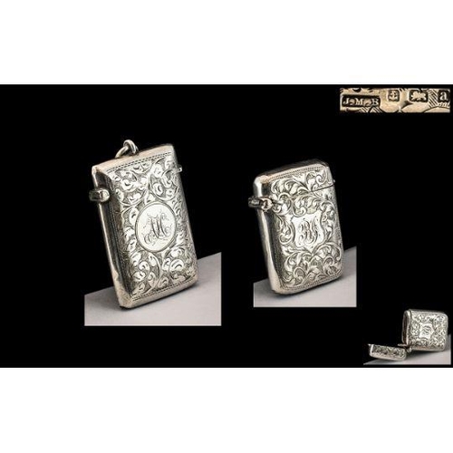 156 - Late Victorian Period Sterling Silver Hinged Vesta Case of Excellent Proportions, Chased Floral Deco... 