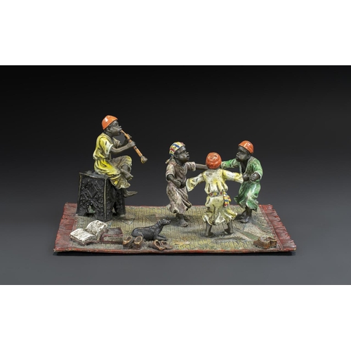158 - Large Austrian Type Cold Painted Bronze Group of Arab Dancing on a Persian Carpet, with a dog lookin... 