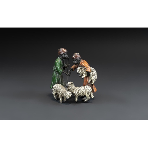 159 - Austrian Style Cold Painted Small Heavy Bronze of Arab Shepherds Bartering, stamped B, 5 inches (12.... 