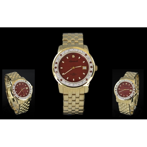 215 - Ingersoll - Swiss Made Diamond and Rubies Set Heavy Gold on Steel Gents Quartz Wrist Watch. Features... 