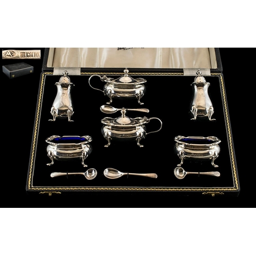 116 - Elizabeth II - Superb Boxed ( 10 ) Piece Sterling Silver Cruet Set, Complete with Blue Liners and Sp... 