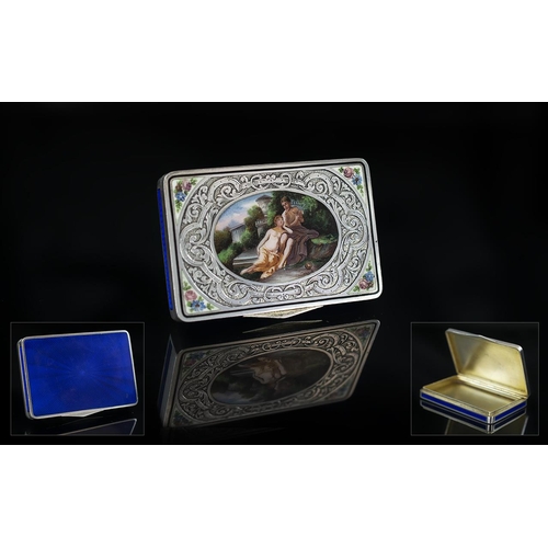 127 - Swiss - Early 20th Century Superb Silver and Blue Enamel Hand Painted Lidded Box. The Central Hand P... 