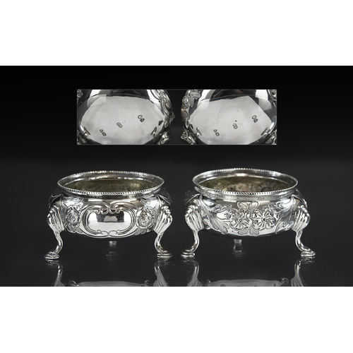 128 - Victorian Period Fine Pair of Cast Silver Salts, Raised on Hoofed Feet, With Embossed Floral Decorat... 