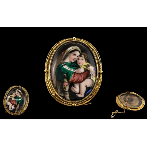 131 - Large Hand Painted Mourning Brooch, set in 9ct gold; a wonderful quality painting of mother and chil... 