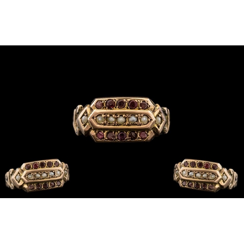 147 - 9ct Gold Antique Dress Ring, Set With Three Rows Of Seed Pearls And Red Faceted Stones, Fully Hallma... 