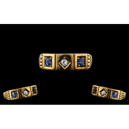 148 - 18ct Gold Antique Dress Ring, Set With A Central Diamond Between Two Sapphires, Stamped 18ct.  Ring ... 