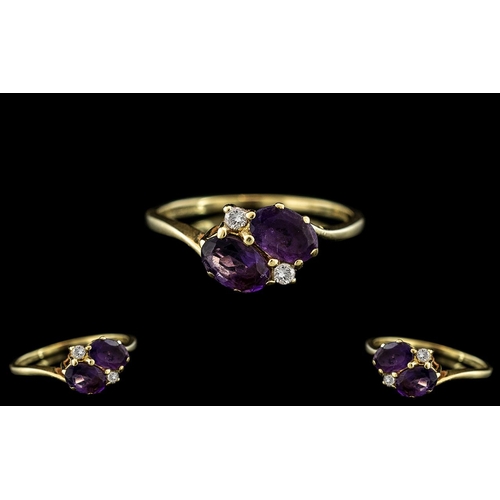 163 - 18ct Yellow Gold - Attractive Two Stone Amethyst and Diamond Set Dress Ring. Full Hallmark for 750 -... 