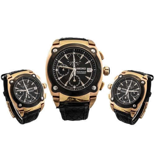44 - Seiko - Sportura Chronograph - Rose Gold Tone on Steel Wrist Watch, With Cross-stitch Soft Black Lea... 