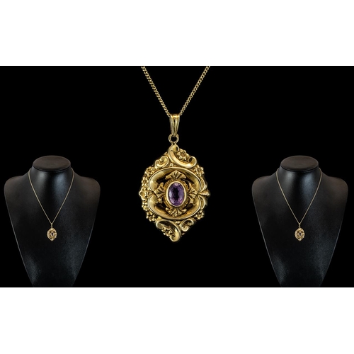 46A - Ladies - Attractive 9ct Gold Ornate Pendant with Amethyst Set Centre, Excellent Design, Attached to ... 