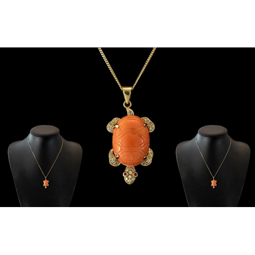 51 - Ladies - 18ct Gold Superb Bespoke Coral - Diamond and Ruby Set Novelty Pendant With Attached 18ct Go... 