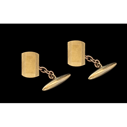 52 - Pair of 9ct Gold Cufflinks, Rectangular Fronts, Torpedo Backs With Chain Fasteners, Fully Hallmarked... 