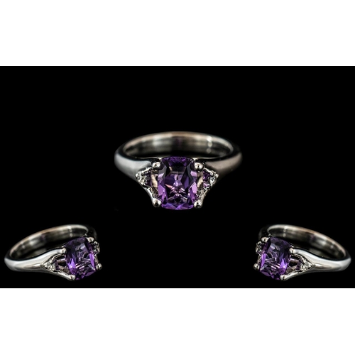 59 - Ladies - Superb Contemporary 18ct White Gold Diamond and Amethyst Set Dress Ring, Hallmark to Interi... 