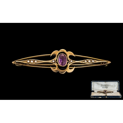 60 - Antique Period 14ct Gold - Amethyst and Seed Pearl Set Brooch. Marked 14ct. Comes with Original Box,... 