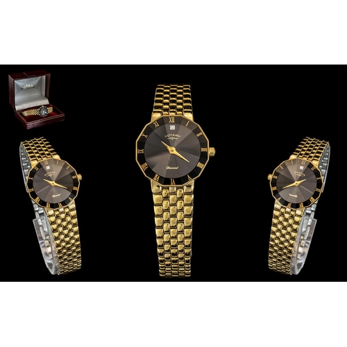 64 - Rotary - Ladies Gold Tone Steel Diamond Set Wrist Watch With Black Dial and Gold Markers. Diamond Se... 