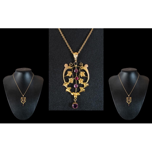 65B - Victorian Period Fine 9ct Gold Stone Set Ornate Pendant with Drop. c.1890's. With Attached 9ct Gold ... 