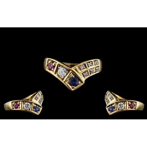 66 - Ladies - 18ct Gold Ruby, Diamond and Sapphire Set Wishbone Ring. Marked 750 - 18ct to Interior of Sh... 