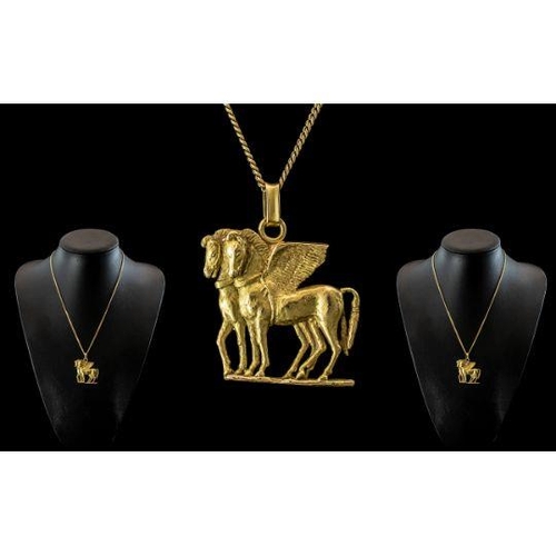 68A - 18ct Gold Designer Pendant In The Form Of Pegasus 45 x 37mm Suspended On A 18ct Gold Chain. Weight 2... 