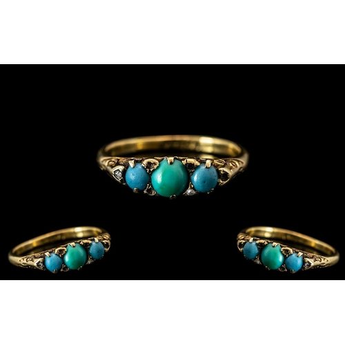 73 - Antique Period - Attractive 18ct Gold - 3 Stone Turquoise Set Ring. Marked 18ct to Interior of Shank... 