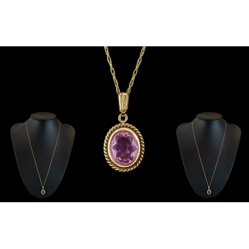 96 - Amethyst Pendant Set In 9ct Gold Suspended on a 9ct Good Necklace. Lovely Pretty Necklace, Fully Hal... 