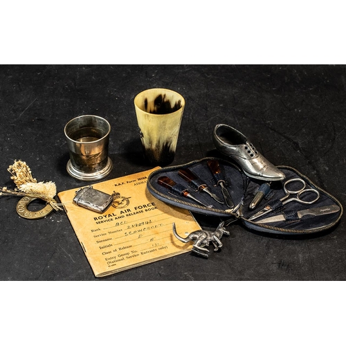 1391 - Collection of Ephemera, comprising horn cup with silver cross to front, pewter small cup, small silv... 