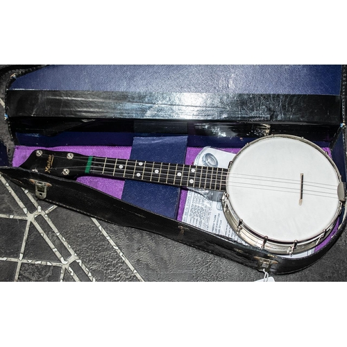 1401 - Maxitone Ukulele Banjo open backed, in fitted case.  Overall length 21''.