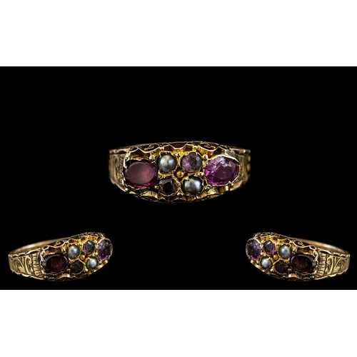 42 - Victorian Period - Attractive 15ct Gold Amethyst and Pearl Set Posy Ring, Closed Back. Beautiful Emb... 